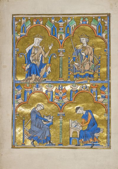 MS M.240 f.8r, Blanche af Castilla og kong Ludvig IX af Frankrig og derunder: Forfatter, der dikterer til en skriftskriver, Bibelen fra Saint Louis (moraliseret bibel), sandsynligvis Paris af French School