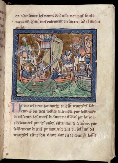 MS Marlay Tilføj 1 f.86 Side med tekst med belysning af et søslag, fra De Re Militari, c.1270 af French School