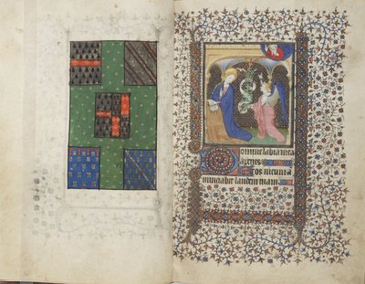MS Widener 4, ff.26v-27r, våbenskjold og bebudelsen, fra en timebog, brug af Rennes, ca. 1405 (pen & blæk og tempera på vellum) af French School