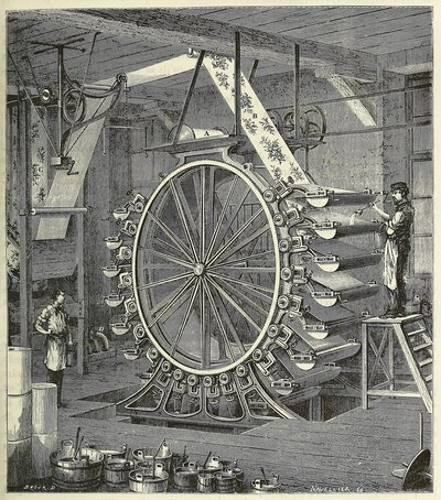 Maskine til udskrivning af tapet i op til tyve farver, pub. 1873 gravering, 1873. af French School