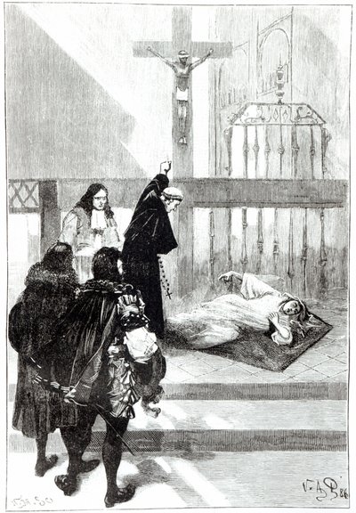 Madame de Sazilles uddrives i nærværelse af hertug Gaston dOrleans, illustration til Louduns besatte i Les Mysteres de la Science af Louis Figuier, 1886 af French School
