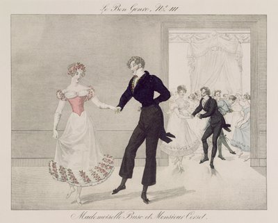Mademoiselle Busc og Monsieur Corset, plade 111 fra le Bon Genre, ca. 1810 (farvegravering) af French School