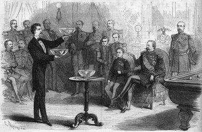Trylleshow givet af hr. Faure Nicolay i Chalons-lejren i nærværelse af kejser Napoleon III (1808-1873) og hans søn Prince Imperial (1856-1879) af French School