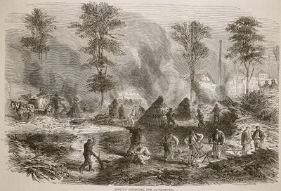 Fremstilling af trækul til krudt, illustration fra Cassells historie om krigen mellem Frankrig og Tyskland, 1870-1871 af French School