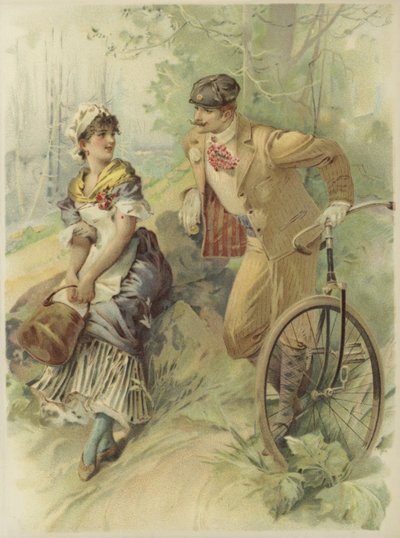 Mand på cykel lægger an på tjenestepige (chromolitho) af French School