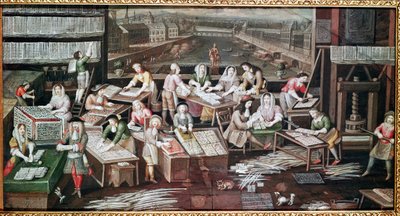 Fremstilling af spillekort i et hus på Place Dauphine (design til fan, gouache på papir, ca. 1680) af French School