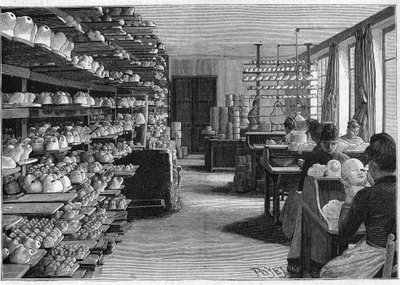 Fremstilling af montreuil-dukker i 1888. Plads til tørring af dukkehoveder inden madlavning og decoupage af øjne. af French School