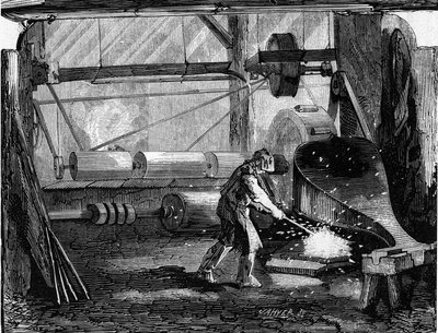 Fremstilling af riffelkanoner: jernstrimlerne er røde blanke. Indgravering i "" Le Monde Illustré"" nr. 35 af 12. december 1857. af French School