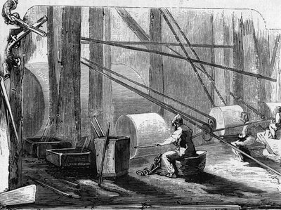 Fremstilling af riffelpistoler: polerjernscylindre med stenhjul. Indgravering i "" Le Monde Illustré"" nr. 35 af 12. december 1857. af French School