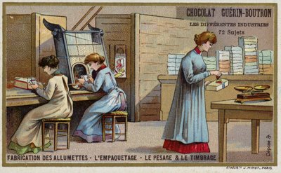 Fremstilling af tændstikker. Pakning, vejning og stempling (chromolitho) af French School