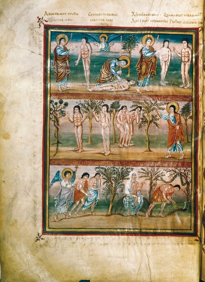Manuskriptside, der repræsenterer episoder fra Adam og Evas liv: Adams og Evas skabelse. Arvesynden. Udvisning fra paradis (miniature) af French School