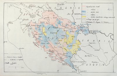 Kort over Bosnien med detaljer om områder besat af etniske minoritetsgrupper, 1910 (pen, blæk & wc) af French School