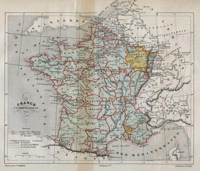Kort over Frankrig ved Louis XIVs død i 1715 - Plan de La france a la mort de Louis XIV en 1715 - indgravering i "" Histoire de France" af Victor Duruy (1811-1894) - 1882 af French School