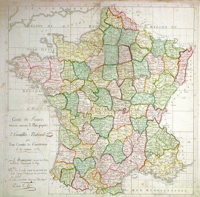 Kort over Frankrig, der viser planer om at opdele afdelinger, 1789 (farve litho og blæk) af French School