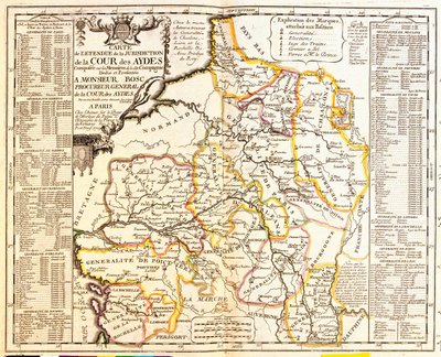 Kort over franske territorier under skat, 1709, fra Le Theatre du Monde af Jean-Baptiste Nolin, udgivet 1717 (håndkoloreret gravering) af French School