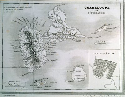 Kort over Guadeloupe og dets afhængigheder. Indgravering af det 19. århundrede. Chartres, Museum of Fine Arts af French School