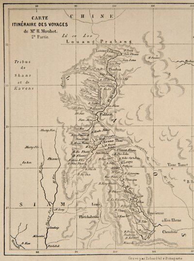 Kort over Laos og Mekong-floden, der viser ruten for Henri Mouhots rejse, illustration fra Rejser i de centrale dele af Indo-Kina (Siam), Cambodja og Laos i årene 1858, 1859, en af French School