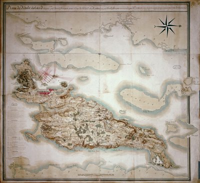 Kort over Rhode Island på tidspunktet for dets besættelse 1780-81 af den franske hær på ordre fra Jean-Baptiste de Vimeur (1725-1807) greve af Rochambeau af French School