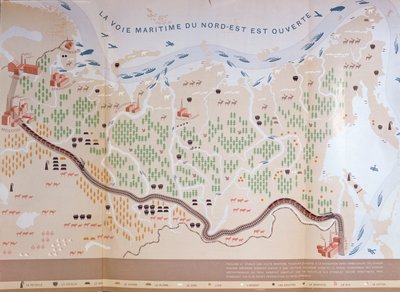 Kort over Sibirien, der viser områdets enorme naturressourcer og viser en sørute, der ville åbne for handel, 1933 af French School