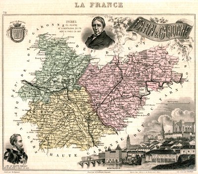 Kort over Tarn-et-Garonne med udsigt over Montauban og portrætter af Ingres og Jean Parisot de La Valette (farve litho) af French School