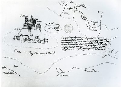 Kort over bugten Mont Saint-Michel (pen og blæk på papir) af French School