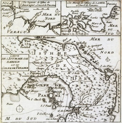 Kort over Isthmus of Darien og Panamabugten i "" New Journey Around the World"" af Guillaume Dampier (William Dampier) af French School