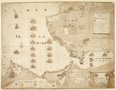 Kort over havnen i Placentia, Canada (pen og blæk på papir) af French School