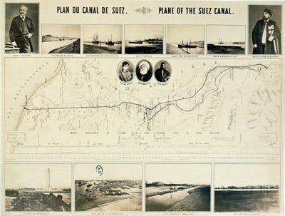Kort over Suez-kanalen ledsaget af forskellige udsigter og portrætter af Ferdinand de Lesseps (1805-94) og Ismail Pasha (1830-95) 1869 af French School