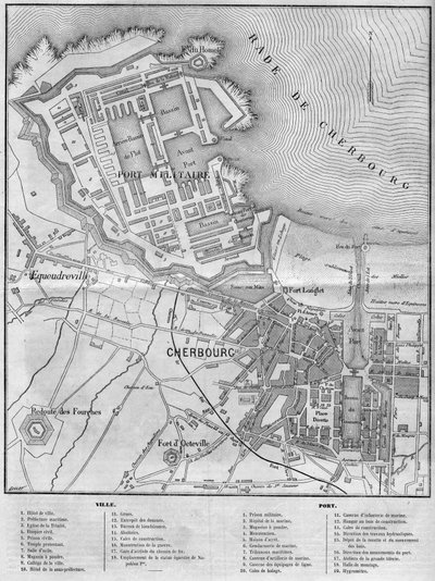 Kort over byen og havnen i Cherbourg, Manche (50) af French School