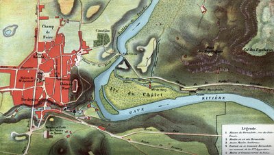 Kort over landet Lourdes i 1858, år for Bernadette Soubirous visioner: det viser placeringen af hendes hus og hulen. Høje Pyrenæer (65). Kromolitografi i "" Notre Dame de Lourdes"" af Henri Lasserre af French School