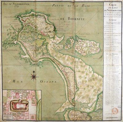 Kort over øen Noirmoutier ledsaget af et kort over slottet, lavet i 1769. af French School