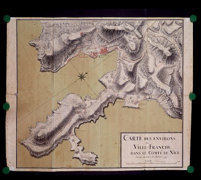 Kort over omgivelserne i Villefranche i greven af Nice-dammen i oktober 1748 af French School