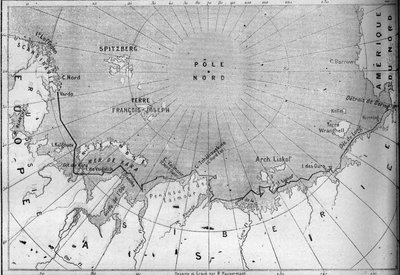 Kort over "Vegas"-rejsen sporet af opdagelsesrejsende Nils Adolf Erik (Eric) Baron Nordenskjold (Nordenskiold) (1832-1901). I 1878 gik Nordenskjold fra Atlanterhavet til Stillehavet langs Sibiriens kyst. Indgravering i "" Le Monde Illust af French School