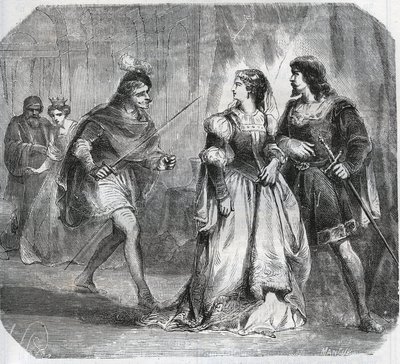 Marguerite de Baviere, hertuginde af Bourgogne (1363-1423) og dronning Isabeau (Isabelle, Elisabeth) af Baviere (1371-1435) adskiller Ludvig I af Valois, hertug af Orleans (1372-1407) og Jean Sans Ppeur, hertug af Bourgogne ( 1371-1419), som kæmper for reg af French School