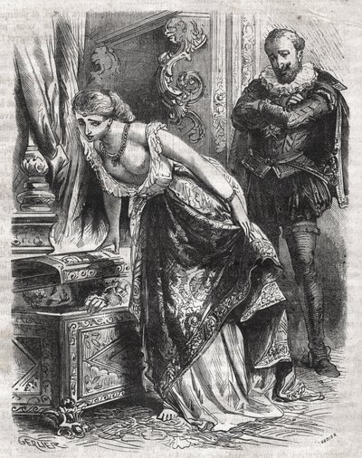 Marguerite de Valois (1553-1615), kendt som dronning Margot, gemmer Julien de Leris, sin elsker, i et pengeskab. Hendes mand, kong Henrik IV af Frankrig (1553-1610), observerer scenen med sjov. 16. århundrede. Indgravering fra 1871 i "Histoire Des Cocuses  af French School