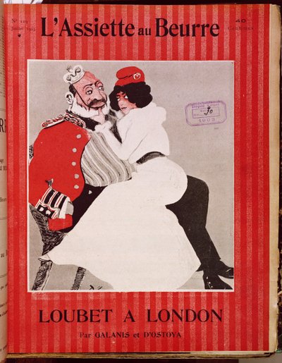 Marianne sidder på knæene af kong Edward VII (1841-1910), forside af LAssiette au Beurre, 11. juli 1903 af French School