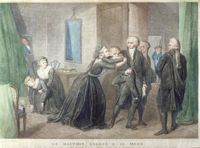 Marie-Antoinette (1755-1793) tager afsked med sin søn Dauphinen, Louis-Charles de Bourbon (1785-1795) ved templet, 3. juli 1793, (farvestik) af French School
