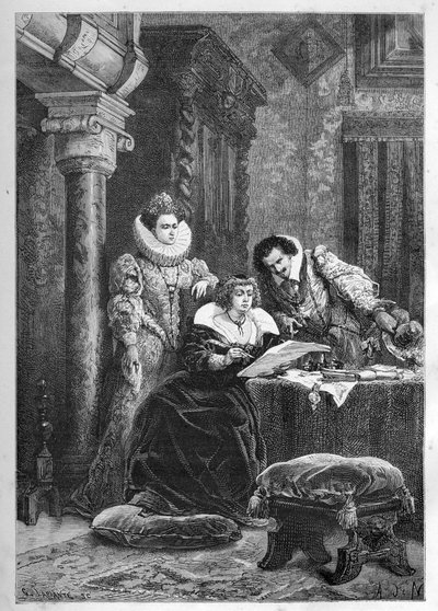 Marie de Medici med sine indflydelsesrige italienske venner og fortrolige Leonora Dori (Dosi) kendt som Galigai (1571-1617) og hendes mand Concino Concini (Conchine) (ca. 1575-1617) - Marie de Medici med sine italienske indflydelsesrige venner og fortrolig af French School