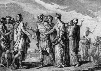 Ægteskab af Clovis 1. (466-511), konge af Frankrig, med Clotilde (Sainte Clotilde, ca. 475-545) i 493. Indgravering af det 18. århundrede. af French School