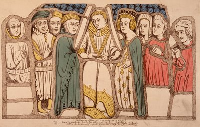 Ægteskab mellem Henrik VI af England (1421 - 1471) og Margarita af Anjou (1429 - 1482) i 1445. Stik fra 1793. Bibl. af Arts Deco i Paris. af French School