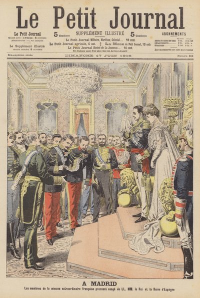 Ægteskab mellem kong Alfonso XIII af Spanien og Victoria Eugenie af Battenberg (farve litho) af French School