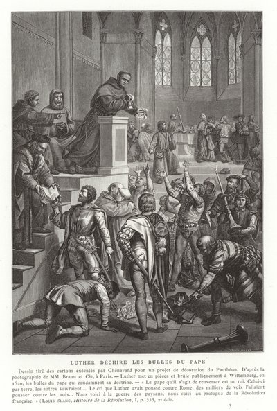 Martin Luther river pavelige tyre op, Wittenberg, Tyskland, 1520 af French School