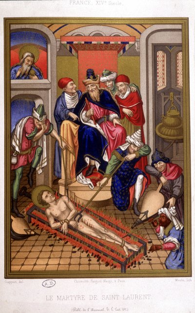 Martyrium of Saint Laurent (grill) efter miniature af middelalderen, Frankrig 14. århundrede. af French School