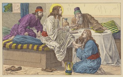 Maria Magdalene ved Jesu fødder (farve litho) af French School
