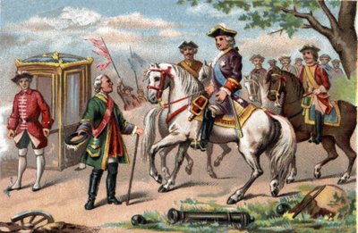 Maurice af Sachsen, marechal af Sachsen (1696-1750), sejrende i slaget ved Fontenoy, mødte Ludvig XV af Frankrig (1710-1774). Kromolitografi omkring 1890. af French School