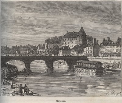 Mayenne er en kommune i det vestlige Frankrig i regionen Pays de la Loire - indgravering i "La France illustree: geography, history, administration statistique" af V.-A. Malt-brun. 1884 af French School