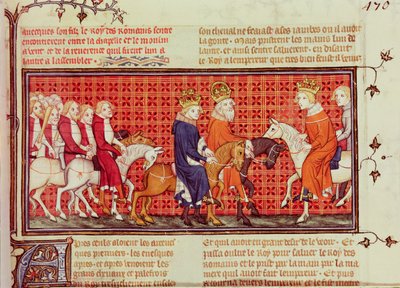 Møde mellem Charles V (1338-80) af Frankrig og den hellige romerske kejser Charles IV (1316-78) Ledsaget af romernes konge, fra Grandes Chroniques de France af French School