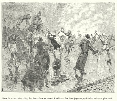 Medlemmer af Basaoche, et laug af advokatfuldmægtige, der fejrer en festival på gaden i en fransk middelalderby (gravering) af French School