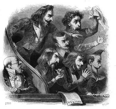 Medlemmer af den romantiske litterære bevægelse, der overværede den første repræsentation af Victor Hugos værk "Hernani" (1802-1885) ved Comedie Francaise i Paris, 25. februar af French School