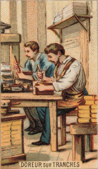 Mænd forgylder bøger med guld (chromolitho) af French School